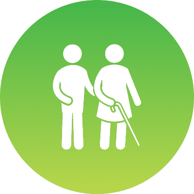 Two figures walking, one with cane.