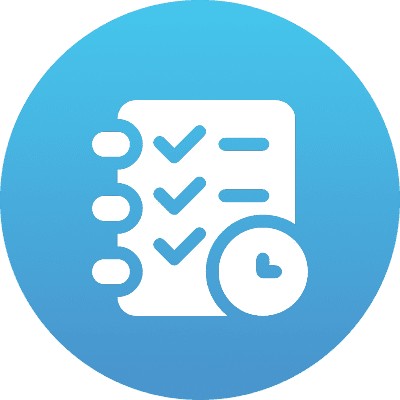 Checklist and clock icon on blue background.