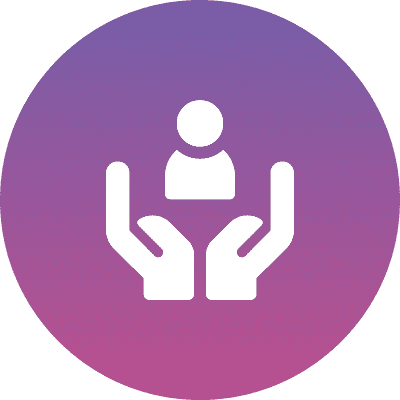 Person supported by hands, purple gradient background.