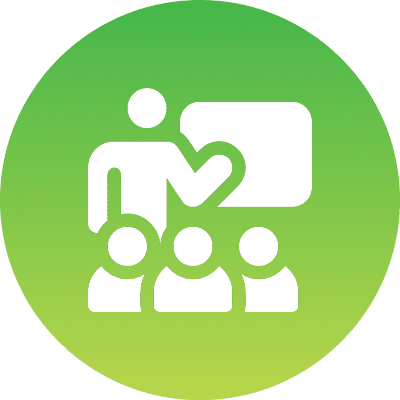 Icon of teacher instructing three students.